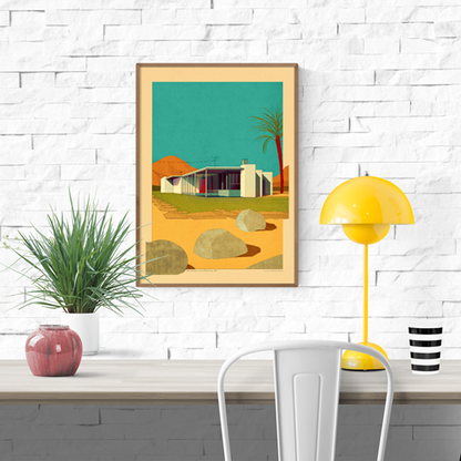 Stylized digital illustration of the Richard Neutra-designed Grace Miller House in a mid-century desert setting, featuring clean white architecture, vibrant teal sky, and minimalist landscape – 30 x 40 cm art print by Studio Sander Patelski.