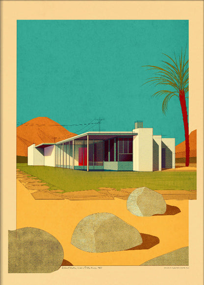 Stylized digital illustration of the Richard Neutra-designed Grace Miller House in a mid-century desert setting, featuring clean white architecture, vibrant teal sky, and minimalist landscape – 30 x 40 cm art print by Studio Sander Patelski.