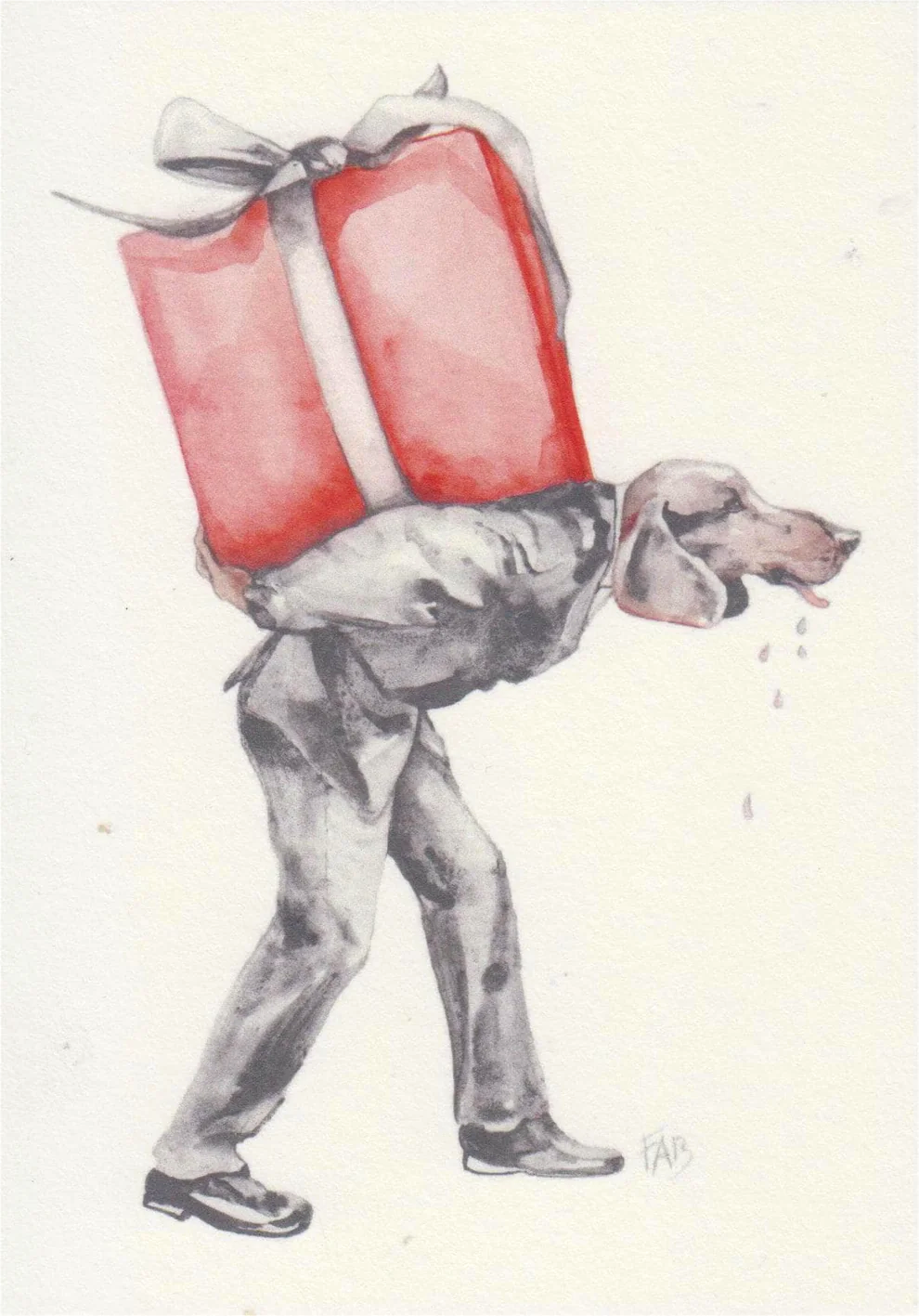 Surreal watercolor art card by Belgian illustrator FAB showing a human body with a dog head carrying a gift, humorous and quirky illustration.