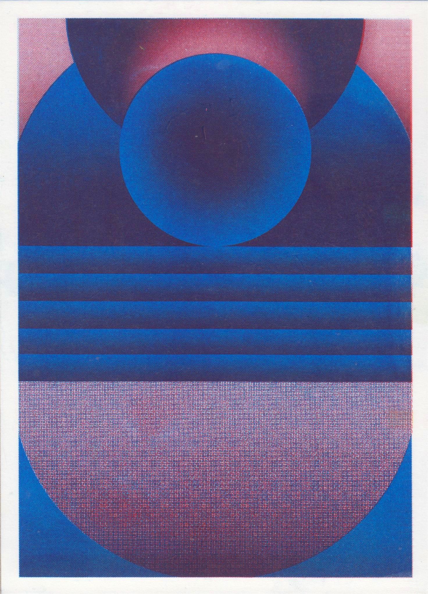 Blue and purple geometric risograph print by Dutch illustrator PTRVRKD. Abstract art featuring bold circular shapes and layered lines in vibrant blue and purple tones on high-quality Biotop paper. Modern, minimal art print perfect for home or office decoration