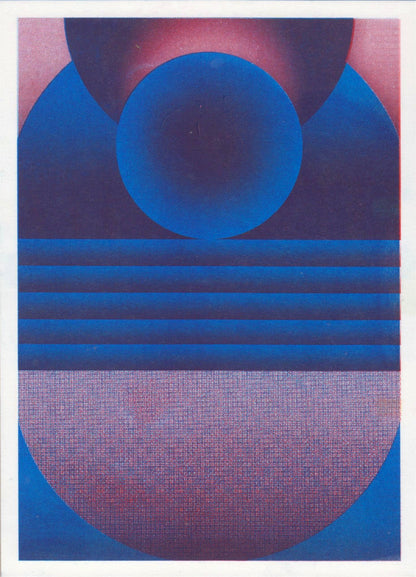 Blue and purple geometric risograph print by Dutch illustrator PTRVRKD. Abstract art featuring bold circular shapes and layered lines in vibrant blue and purple tones on high-quality Biotop paper. Modern, minimal art print perfect for home or office decoration