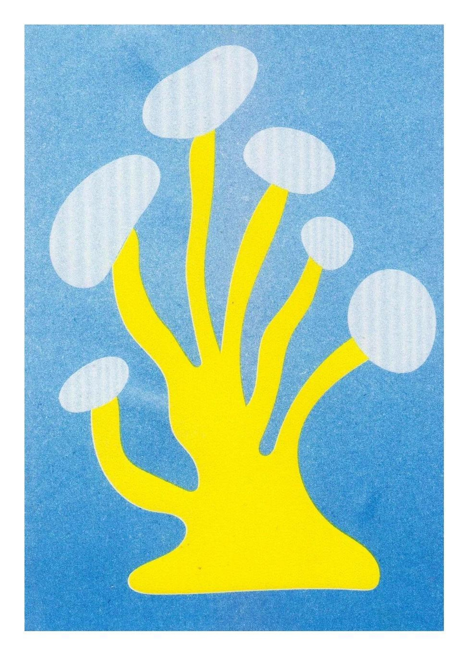 Funky yellow mushroom risograph print by Dutch illustrator PTRVRKD – playful minimalist design with bold organic mushroom shape on a bright blue background, printed with eco-friendly soy inks on 250 gsm Biotop paper, handmade in the Netherlands – quirky small art print for modern interiors.