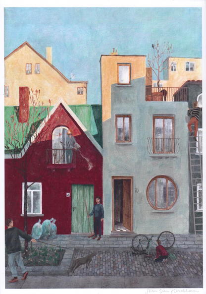 A4 art print “Fiets” by Stien van Kerckhoven, quiet urban illustration depicting everyday life in a Belgian neighborhood, soft contemporary wall art.
