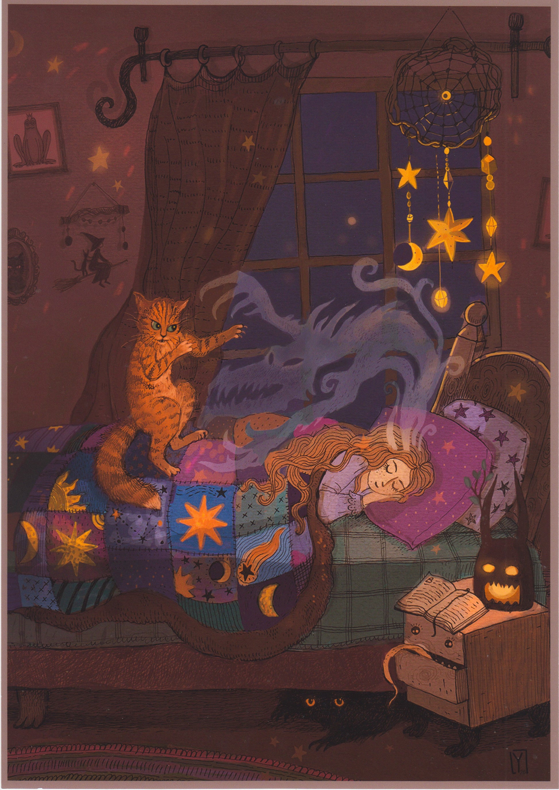 Whimsical fantasy bedroom illustration featuring a sleeping girl, magical dream dragon, protective cat, glowing stars, dreamcatcher and witchy decor. Detailed vertical giclée art print in warm purple, gold and blue tones for cozy home decor.