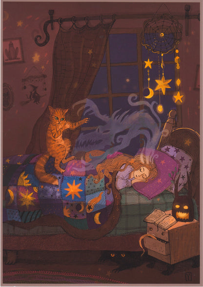 Whimsical fantasy bedroom illustration featuring a sleeping girl, magical dream dragon, protective cat, glowing stars, dreamcatcher and witchy decor. Detailed vertical giclée art print in warm purple, gold and blue tones for cozy home decor.