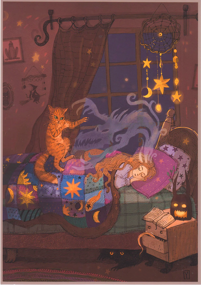Whimsical fantasy bedroom illustration featuring a sleeping girl, magical dream dragon, protective cat, glowing stars, dreamcatcher and witchy decor. Detailed vertical giclée art print in warm purple, gold and blue tones for cozy home decor.