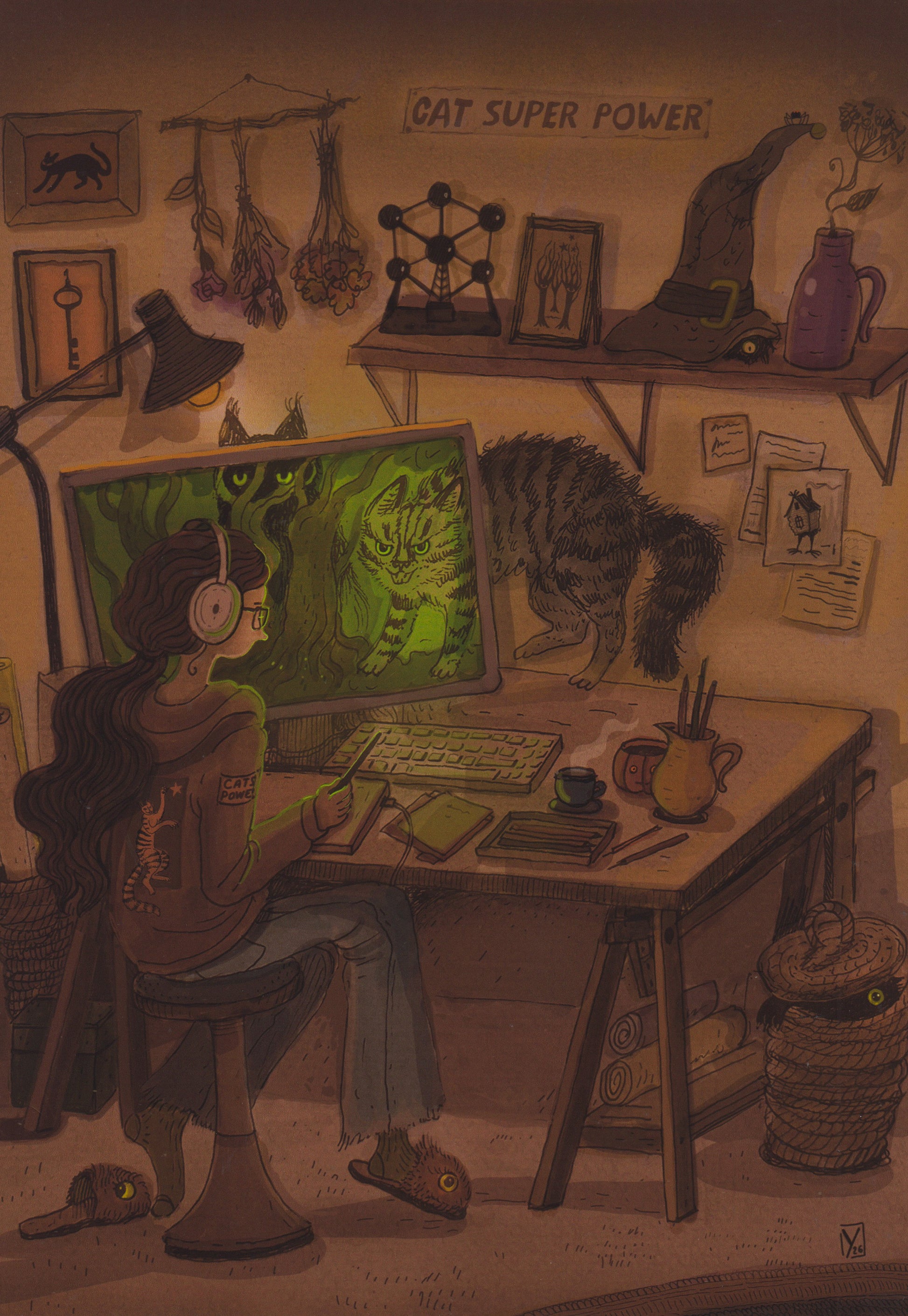 Whimsical Cyber Cats art print by Lena Yampolski featuring a creative workspace, magical cats, computer screen, warm earthy tones, fantasy illustration style, vertical giclée wall art for home office decor.