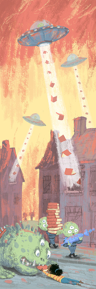 Science Fiction giclée art print by Willy Leung showing an alien invasion where UFOs abduct stacks of books from a surreal town, vertical narrative illustration on fine art paper.