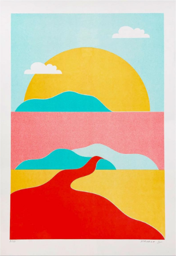 Pastel river landscape art print by PTRVRKD featuring bold red river, abstract mountains, and a yellow sun in playful pastel tones – A3 limited edition risograph print handmade in the Netherlands