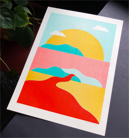 Pastel river landscape art print by PTRVRKD featuring bold red river, abstract mountains, and a yellow sun in playful pastel tones – A3 limited edition risograph print handmade in the Netherlands