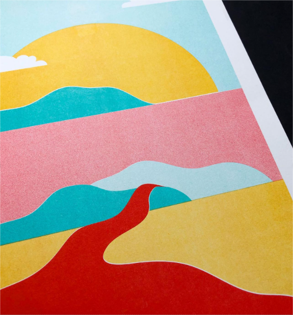 Pastel river landscape art print by PTRVRKD featuring bold red river, abstract mountains, and a yellow sun in playful pastel tones – A3 limited edition risograph print handmade in the Netherlands