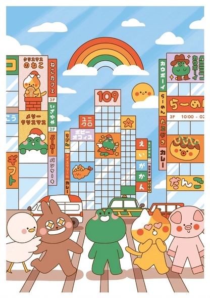 Colorful Shibuya Crossing illustration by Niniwanted featuring cute animal characters, Japanese shop signs, a rainbow and Tokyo streets. A playful, pastel-toned vertical digital art print for cheerful wall decor.