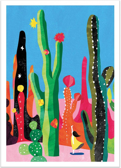 Cactus by Shihotana – 30x40 cm Japanese art print featuring a whimsical girl exploring a surreal desert filled with tall, colorful cacti under a bright sky. Dreamlike illustration in vibrant tones, printed in France on FSC-certified eco paper, unframed wall art inspired by nature and fantasy worlds.