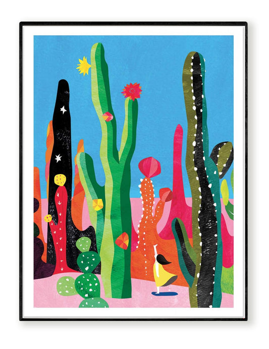 Cactus by Shihotana – 30x40 cm Japanese art print featuring a whimsical girl exploring a surreal desert filled with tall, colorful cacti under a bright sky. Dreamlike illustration in vibrant tones, printed in France on FSC-certified eco paper, unframed wall art inspired by nature and fantasy worlds.