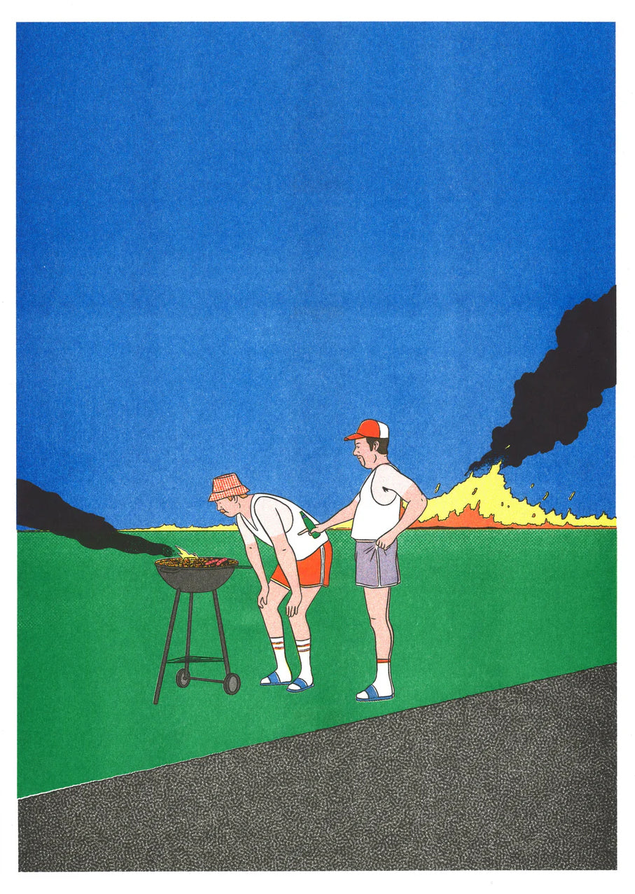 Barbeuc by Simon Bailly risograph print – two men at a barbecue with smoke and fire in a vivid blue and green landscape. A playful, colorful French illustration mixing humor, everyday life, and comic-style minimalism. Perfect contemporary wall art for design lovers.