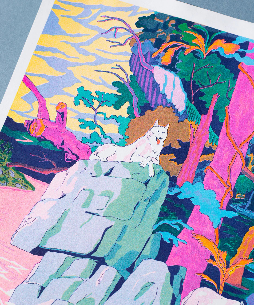 Art print inspired by "Princess Mononoke", featuring a vibrant fantasy landscape with white wolves on rocky cliffs, a pink flowing river, and a lush enchanted forest. A modern, magical artwork perfect for anime fans, pop art collectors, and imaginative interior decor.