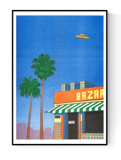 Colorful risograph art print titled Spain at 15h by Simon Bailly, featuring two tall palm trees, a vivid orange "BAZAR" storefront with green-and-white striped awning, tiled walls, and a flying saucer hovering in a bright blue sky; evokes a mix of Spanish urban scenery and retro science fiction, ideal for fans of playful and surreal illustrated posters.