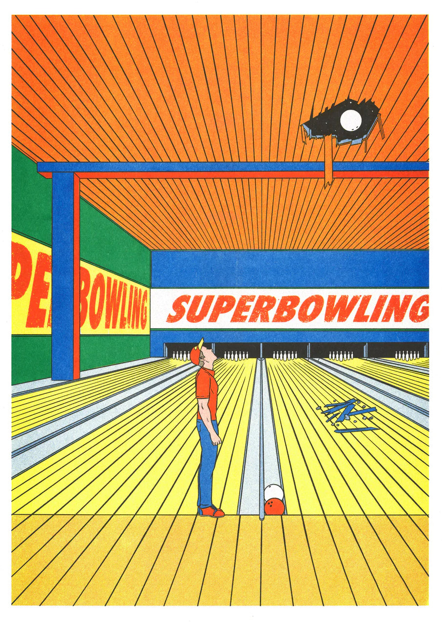 Risograph art print titled Super Bowling by French illustrator Simon Bailly, showing a man in a bowling alley looking up as a bowling ball crashes through the ceiling. The scene is drawn in a bold comic style with vivid orange, blue, and yellow colors, capturing humor and everyday absurdity in a clean, graphic composition.