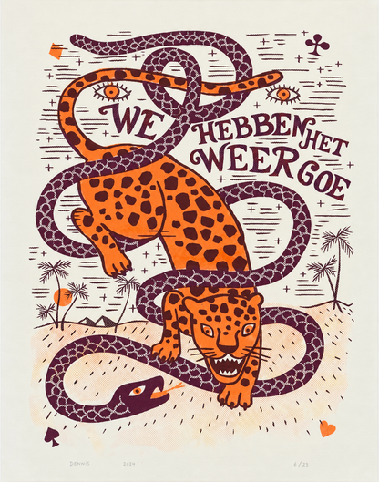 Vintage-inspired three-colour screen print by Dennis Dellaert featuring an orange jaguar entwined with burgundy snakes, playful lettering and tropical details. Vertical wall art for eclectic home decor.