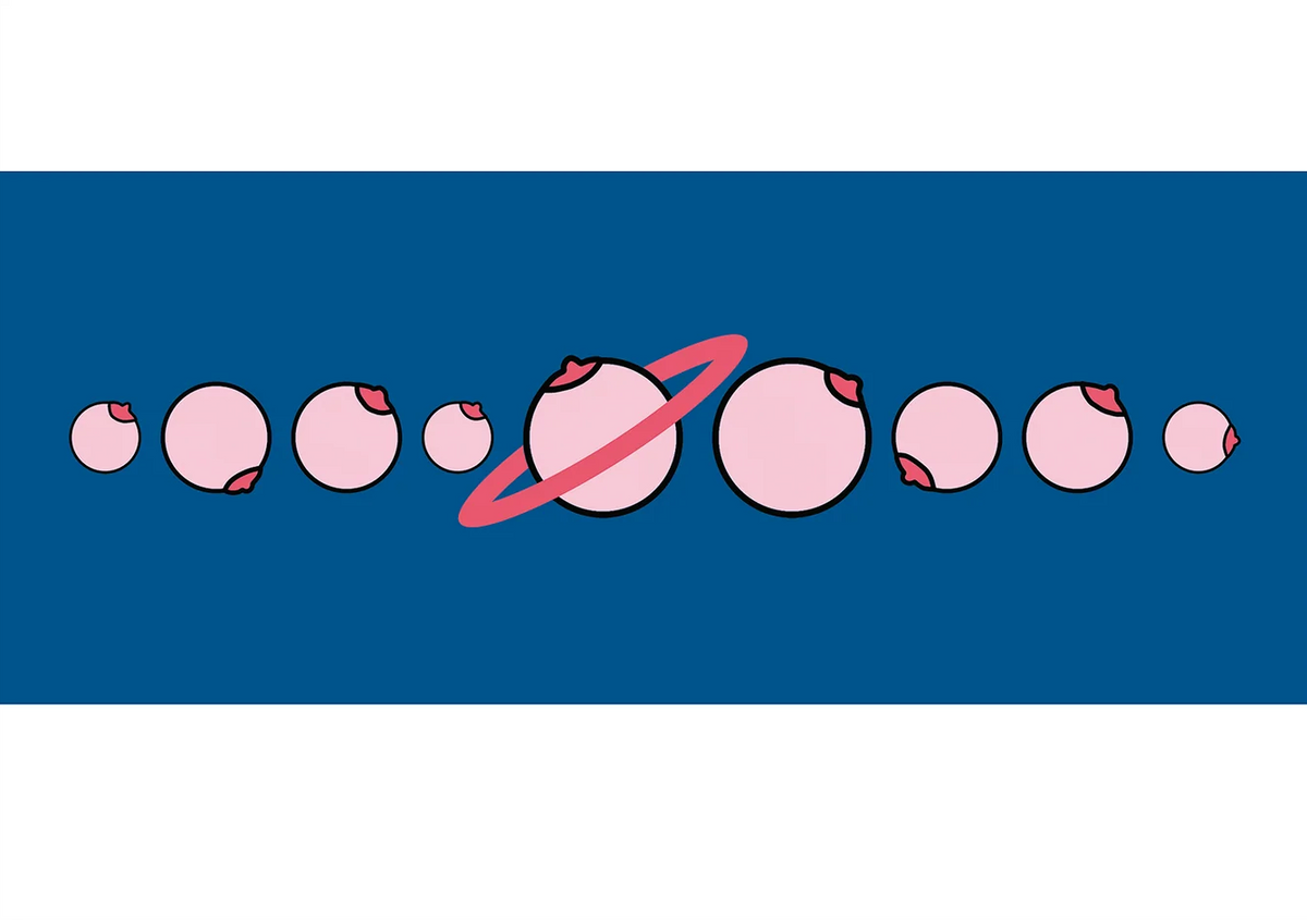 Solar by Studio Stoutpoep, horizontal digital art print showing pink illustrated breasts arranged like a solar system on a deep blue background, playful contemporary wall decor.