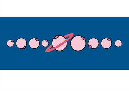 Solar by Studio Stoutpoep, horizontal digital art print showing pink illustrated breasts arranged like a solar system on a deep blue background, playful contemporary wall decor.