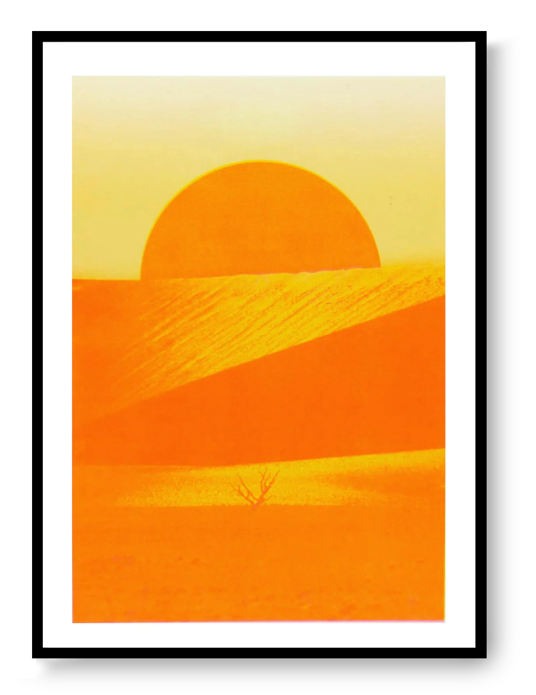 Risograph art print ‘Sossusvlei’ by PTRVRKD, featuring a bright orange desert landscape with a rising sun, minimal dunes, and a solitary dry tree, printed on Munken Pure Rough paper in A3 size. Limited-edition modern landscape artwork inspired by the Namib Desert.