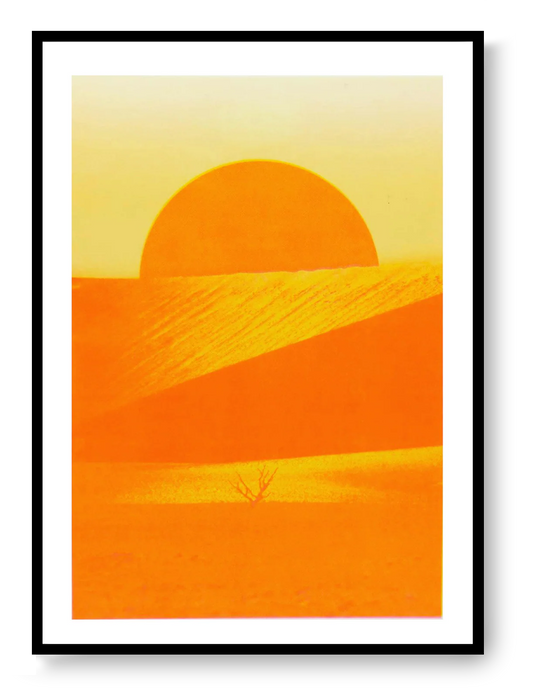 Risograph art print ‘Sossusvlei’ by PTRVRKD, featuring a bright orange desert landscape with a rising sun, minimal dunes, and a solitary dry tree, printed on Munken Pure Rough paper in A3 size. Limited-edition modern landscape artwork inspired by the Namib Desert.