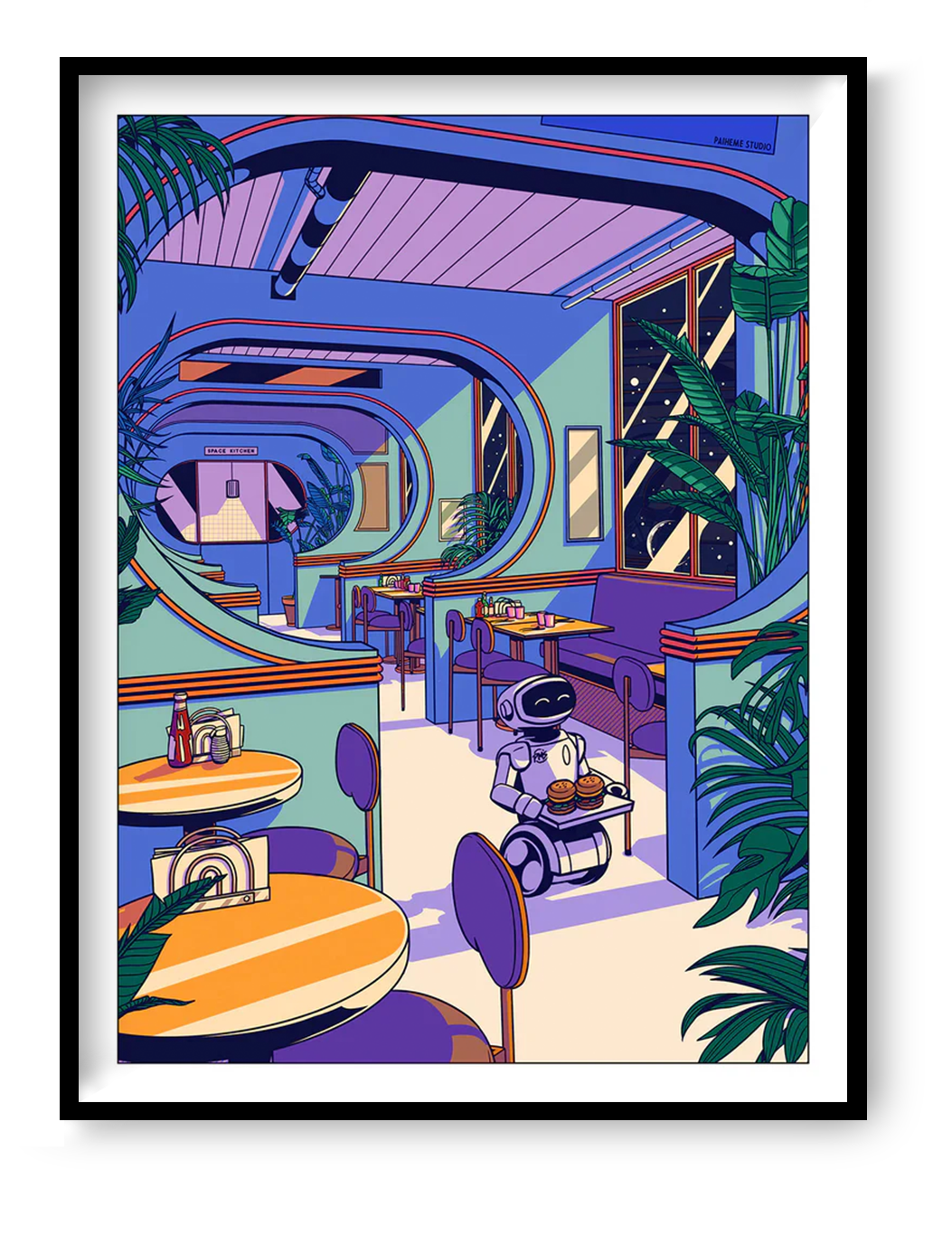 retro futuristic coffee shop illustration with robot waiter serving burgers in neon lit japanese style café interior colorful sci fi wall art print