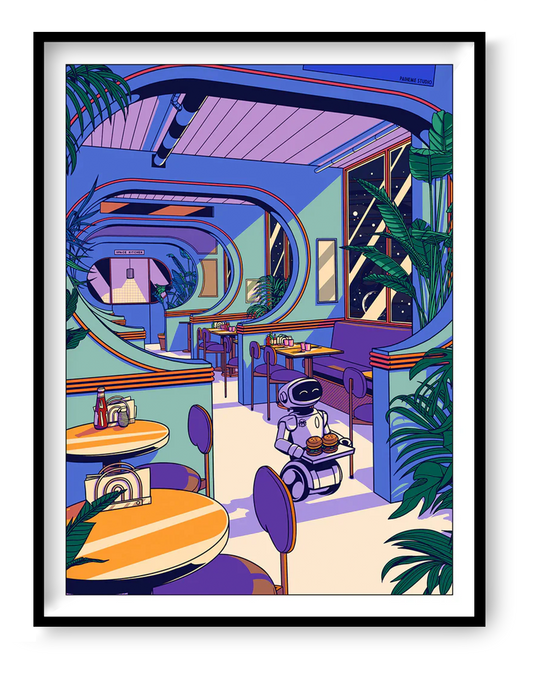 retro futuristic coffee shop illustration with robot waiter serving burgers in neon lit japanese style café interior colorful sci fi wall art print