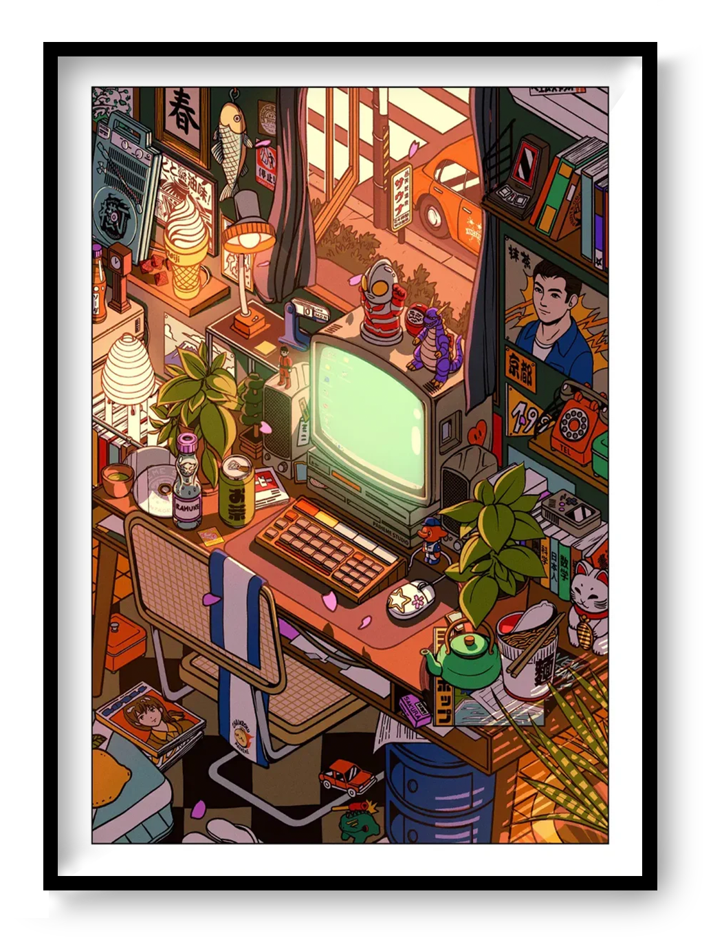 Retro Japanese workspace illustration with vintage computer, manga books, plants and warm sunset light, detailed cozy room wall art print by Paiheme Studio in 50 x 70 cm format.