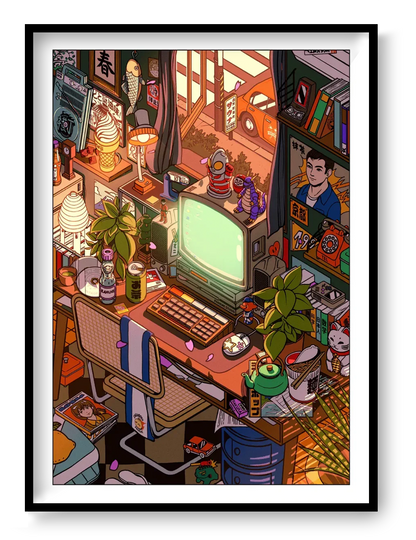 Retro Japanese workspace illustration with vintage computer, manga books, plants and warm sunset light, detailed cozy room wall art print by Paiheme Studio in 50 x 70 cm format.