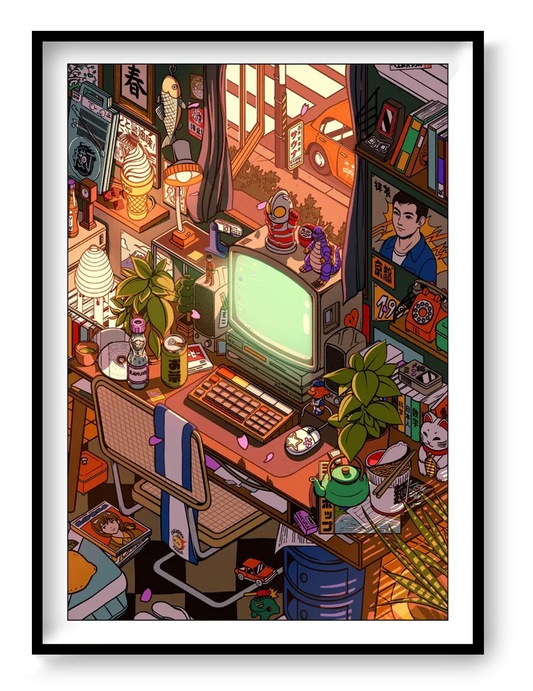 Retro Japanese workspace illustration with vintage computer, manga books, plants and warm sunset light, detailed cozy room wall art print by Paiheme Studio in 50 x 70 cm format.