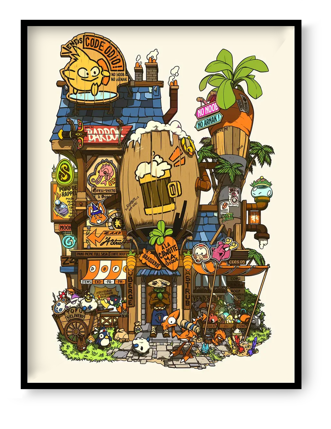 Colorful fantasy storefront illustration featuring 83 hidden references to anime, manga, video games, and Japanese pop culture by Paiheme Studio detailed wall art print