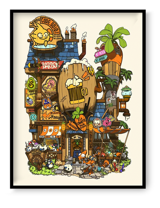 Colorful fantasy storefront illustration featuring 83 hidden references to anime, manga, video games, and Japanese pop culture by Paiheme Studio detailed wall art print