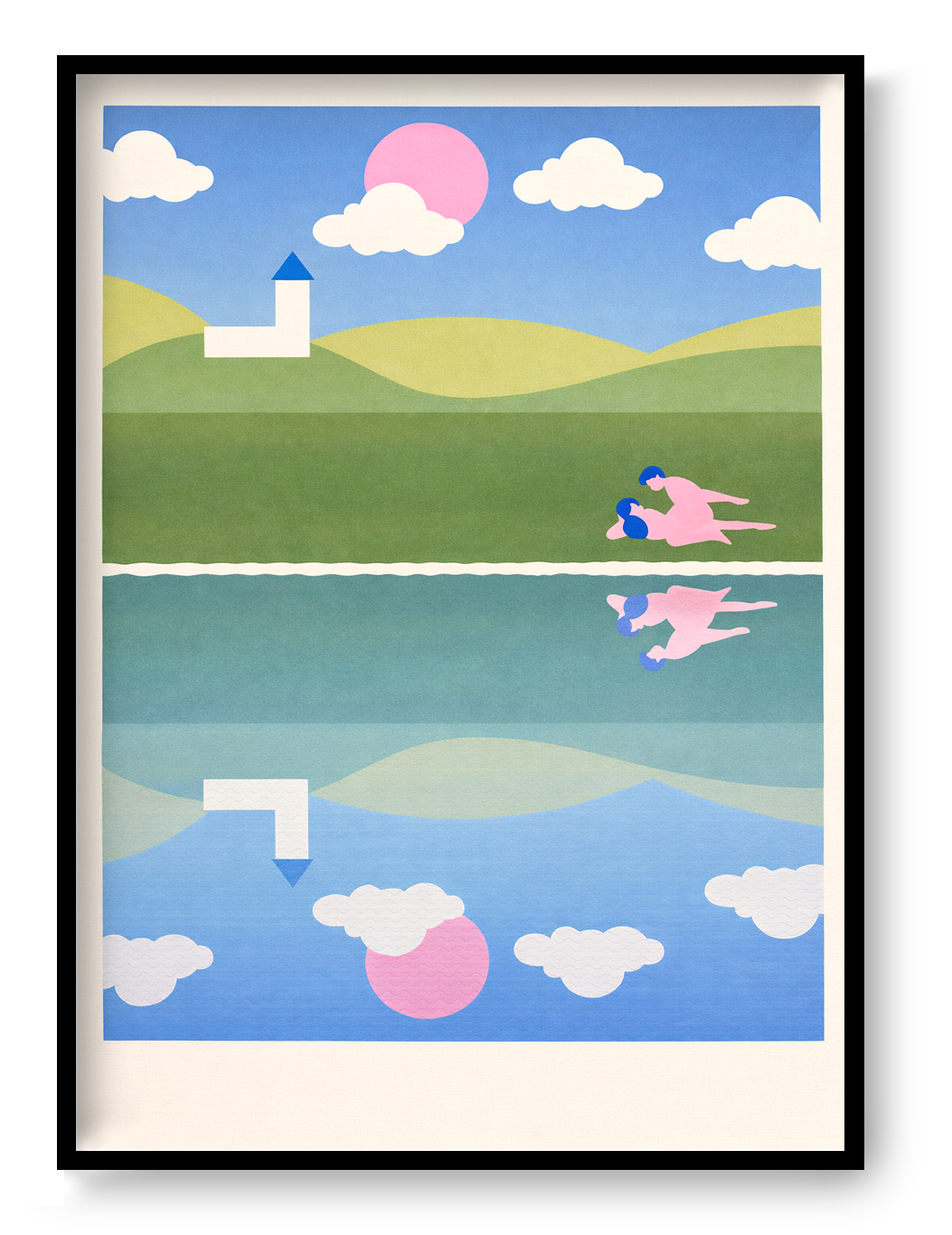 Risograph art print titled A peaceful town by Studio Stoutpoep, featuring a surreal countryside scene with rolling hills, a white church, and two nude figures in an intimate moment near a reflective lake. A2 size print in soft pastel colors, printed in Belgium with soy-based inks.