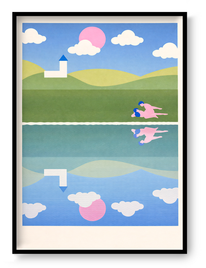 Risograph art print titled A peaceful town by Studio Stoutpoep, featuring a surreal countryside scene with rolling hills, a white church, and two nude figures in an intimate moment near a reflective lake. A2 size print in soft pastel colors, printed in Belgium with soy-based inks.