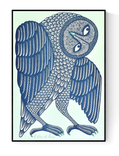Elegant hand-drawn illustration of a stylized owl in deep blue tones, featuring intricate feather patterns and a curious head tilt — a modern folk-art piece blending charm, detail, and nature-inspired design