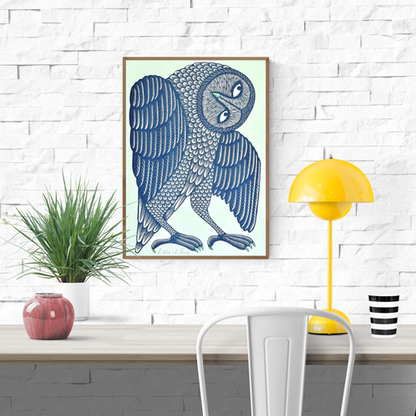 Elegant hand-drawn illustration of a stylized owl in deep blue tones, featuring intricate feather patterns and a curious head tilt — a modern folk-art piece blending charm, detail, and nature-inspired design