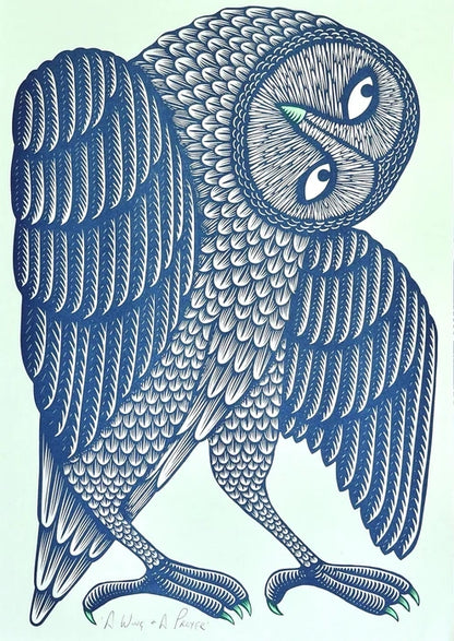 Elegant hand-drawn illustration of a stylized owl in deep blue tones, featuring intricate feather patterns and a curious head tilt — a modern folk-art piece blending charm, detail, and nature-inspired design