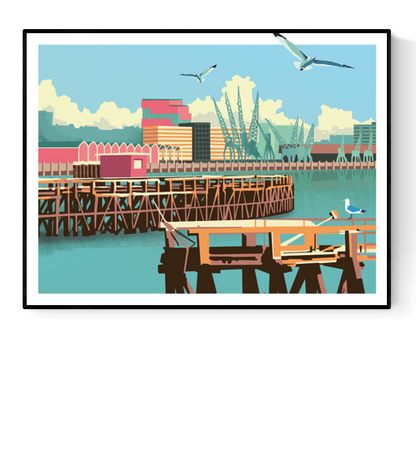 Colorful cityscape illustration by Studio Frits titled 'Antwerp Northcastle,' featuring the industrial harbor of Antwerp with cranes, docks, and seagulls under a bright blue sky. Rendered in a bold, graphic style with retro tones, this print captures the urban charm and maritime identity of Belgium’s iconic port city—perfect for modern interiors and city art lovers
