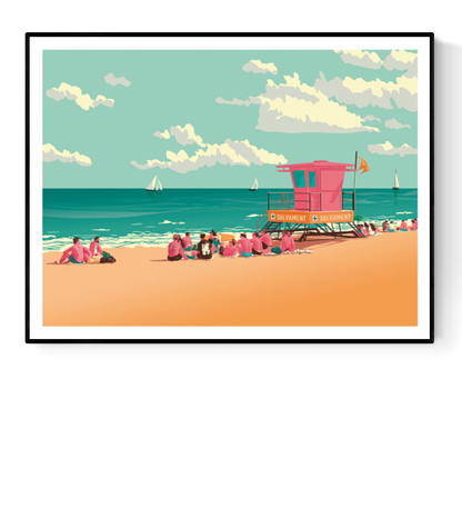 Vibrant coastal illustration by Studio Frits titled 'Barcelona La Barceloneta,' depicting a sunny beach scene with groups of people relaxing on the sand near a bright pink lifeguard tower labeled 'Salvament.' Sailboats glide across the turquoise sea under a sky filled with soft clouds, capturing the lively charm of Barcelona’s iconic seaside—perfect for summer lovers, travelers, and fans of bold, modern art.