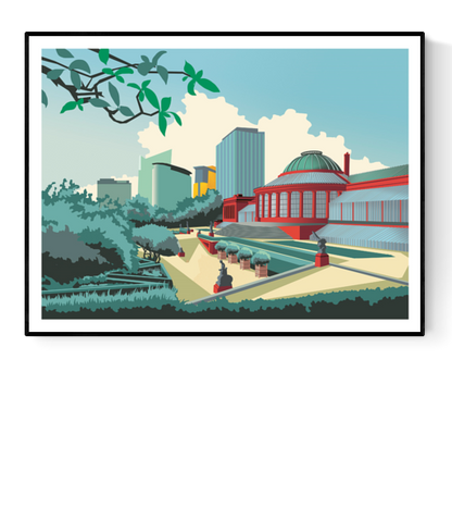 Brussels Botanique art print by Studio Frits – colorful illustration of the iconic botanical garden and greenhouse in Brussels, Belgium, blending lush greenery with modern architecture, perfect wall decor for nature and travel enthusiasts, available at Galerie Frits