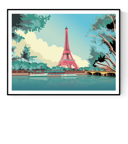 Illustration of the Eiffel Tower in pastel tones, surrounded by trees and the Seine river with boats – Paris Eiffel tower by Studio Frits, 30 x 40 cm art print made in Belgium.