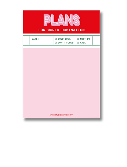Funny red and pink notepad titled “Plans for World Domination” by Studio Inktvis, A6 size with 50 blank pages for notes, tasks, or outrageous goals, printed in the Netherlands.