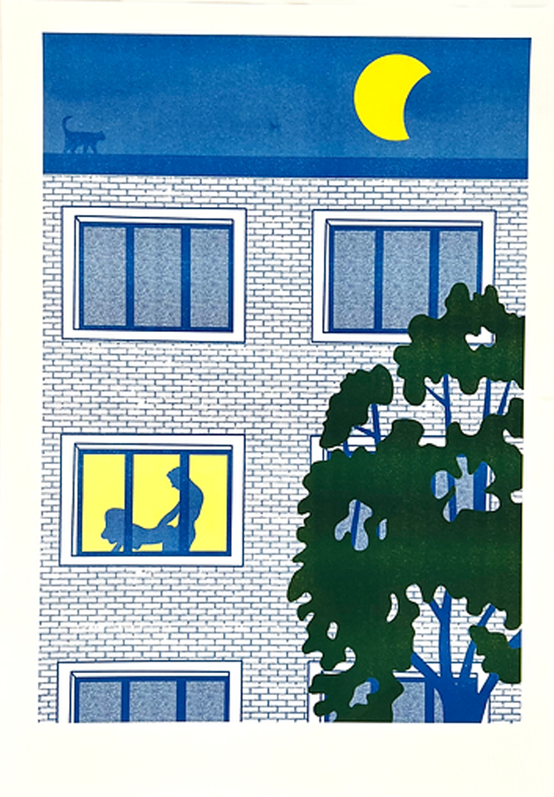 Illustration titled A Great Night by Studio Stoutpoep showing a brick apartment building at night with moonlight, a cat on the roof, and a silhouetted couple having sex in a brightly lit window. Risograph-style A3 art print in bold primary colors