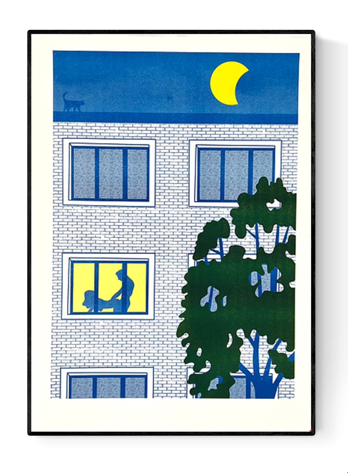Illustration titled A Great Night by Studio Stoutpoep showing a brick apartment building at night with moonlight, a cat on the roof, and a silhouetted couple having sex in a brightly lit window. Risograph-style A3 art print in bold primary colors 