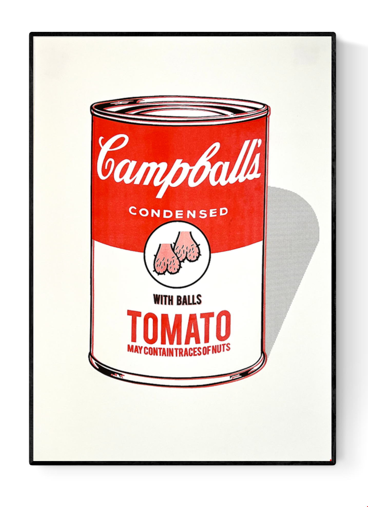 Campballs by Studio Stoutpoep – risograph A2 art print parodying the Campbell’s soup can, featuring the text "Tomato with balls" and humorous testicle icon. Bold pop-art illustration with edgy humor. Printed in Belgium on 300g paper.