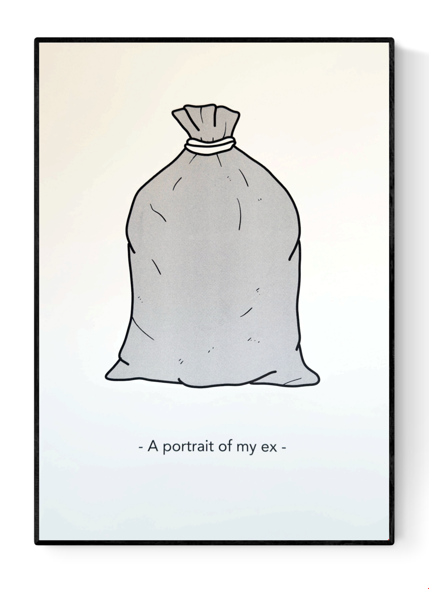 Humorous risograph print by Studio Stoutpoep showing a trash bag with the phrase “A portrait of my ex” in minimalist style – A3 art print made in Belgium, perfect for lovers of dark humor and witty illustration.