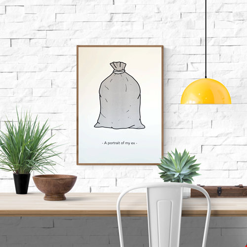 Humorous risograph print by Studio Stoutpoep showing a trash bag with the phrase “A portrait of my ex” in minimalist style – A3 art print made in Belgium, perfect for lovers of dark humor and witty illustration.