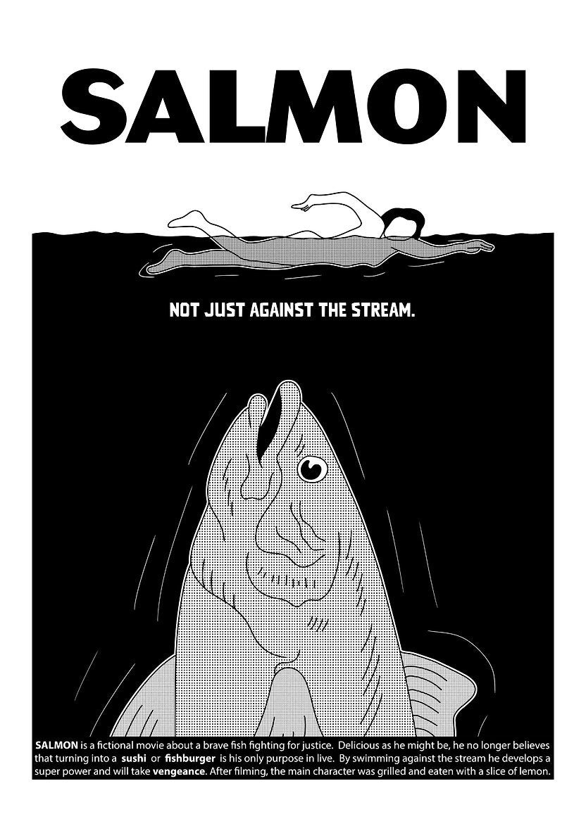 Black and white risograph art print by Studio Stoutpoep titled “Salmon”, parodying a movie poster with a fish seeking justice and a swimmer above – bold comic-style illustration, 50 x 70 cm.